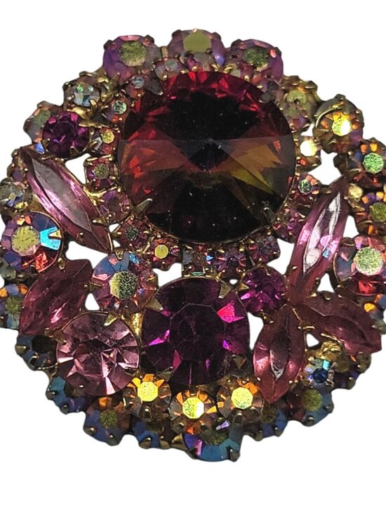 Julianna Jewelry - Juliana D&E Vintage Watermelon Rivoli Brooch Layered Pink Fuchsia AB Rhinestones